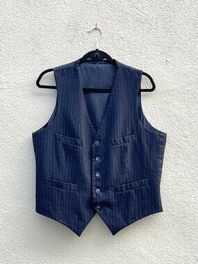 Men's Bespoke Victorian Style Navy Blue Pinstriped Wool Vest Waistcoat
